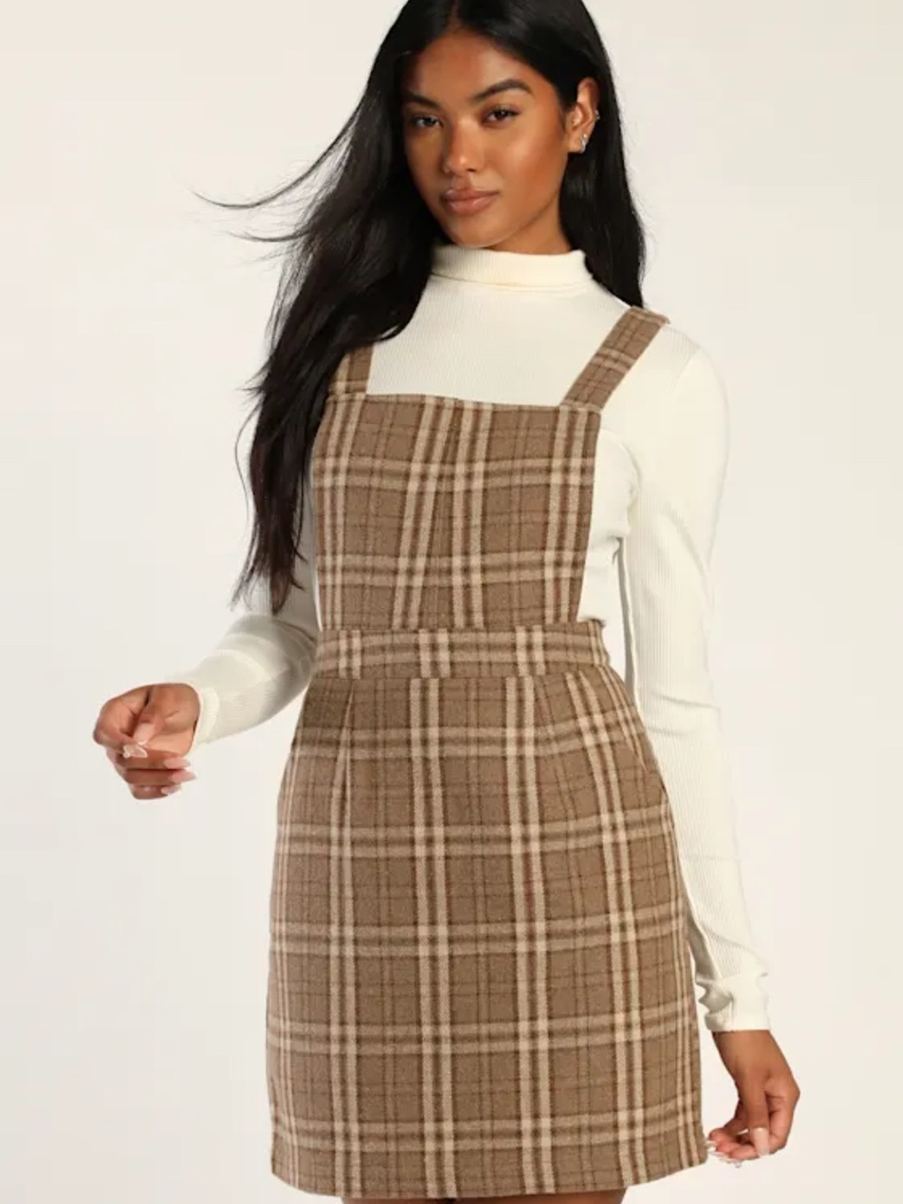 NWT Lulus Plaid Pinafore Mini Dress in Brown - Picture 2 of 10